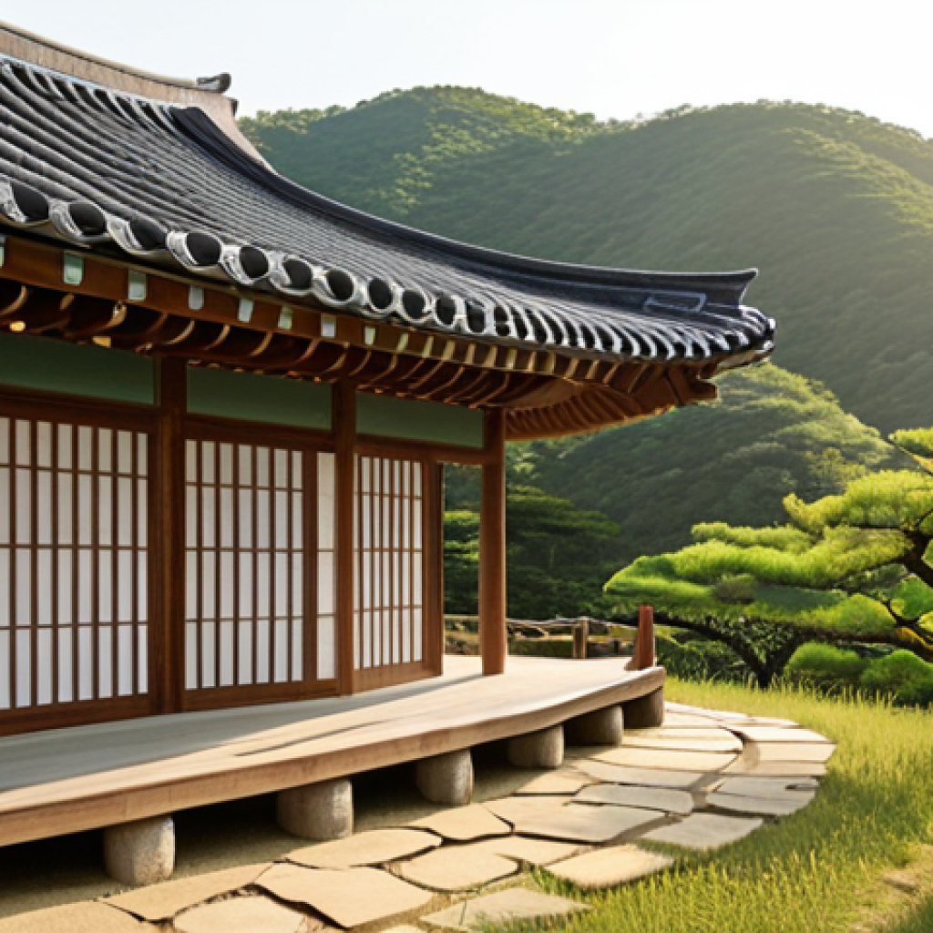 A beautiful traditional Korean Hanok house harmoniously integrated into a natural landscape, surrounded by rolling green hills and lush trees. The scene features the iconic curved roof, a wide wooden *maru* (veranda) facing the scenic view, and walls made of natural, earthy materials. Soft, dappled sunlight enhances the serene and timeless atmosphere, highlighting the seamless blend of architecture with nature. Peaceful, exterior shot, during golden hour.