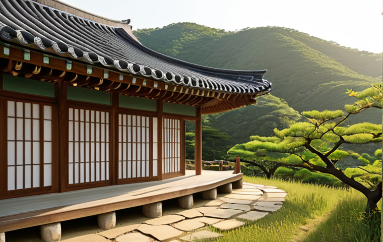 A beautiful traditional Korean Hanok house harmoniously integrated into a natural landscape, surrounded by rolling green hills and lush trees. The scene features the iconic curved roof, a wide wooden *maru* (veranda) facing the scenic view, and walls made of natural, earthy materials. Soft, dappled sunlight enhances the serene and timeless atmosphere, highlighting the seamless blend of architecture with nature. Peaceful, exterior shot, during golden hour.