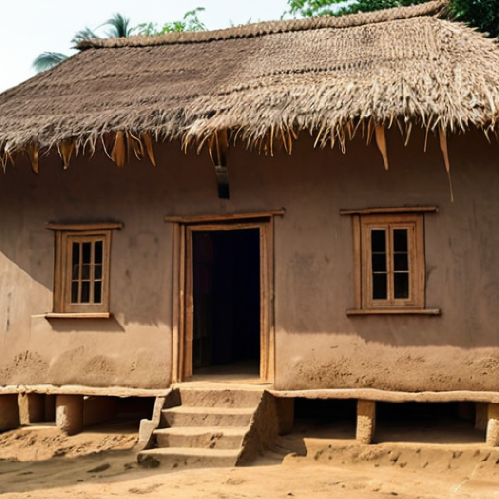 **Prompt 1: A Serene Traditional Bengali Mud House with Straw Roof**
    An idyllic, warm, and inviting traditional Bengali village house. The main structure features thick, earthen mud walls in natural, earthy tones, exuding a sense of calmness. The roof is distinctly made of straw and bamboo, with a gentle slope, appearing rustic and well-integrated with nature. Lush green foliage, perhaps banana trees or local flora, surrounds the house, emphasizing its connection to the environment. Sunlight gently filters, creating soft shadows and highlighting the texture of the mud walls. The overall mood should convey peace, coolness, and a timeless, authentic rural aesthetic, reminiscent of a cherished childhood memory.