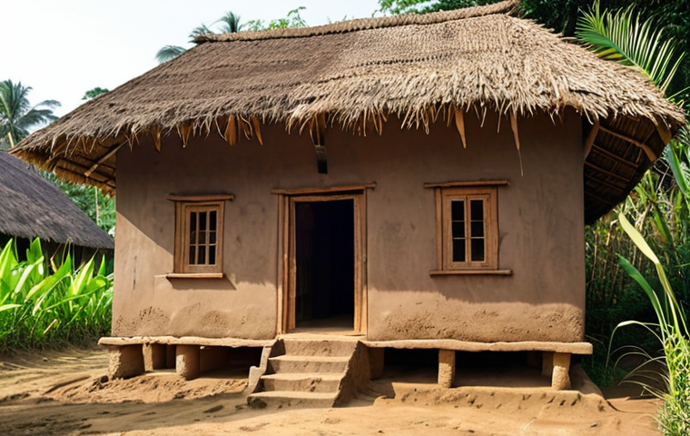 **Prompt 1: A Serene Traditional Bengali Mud House with Straw Roof**
    An idyllic, warm, and inviting traditional Bengali village house. The main structure features thick, earthen mud walls in natural, earthy tones, exuding a sense of calmness. The roof is distinctly made of straw and bamboo, with a gentle slope, appearing rustic and well-integrated with nature. Lush green foliage, perhaps banana trees or local flora, surrounds the house, emphasizing its connection to the environment. Sunlight gently filters, creating soft shadows and highlighting the texture of the mud walls. The overall mood should convey peace, coolness, and a timeless, authentic rural aesthetic, reminiscent of a cherished childhood memory.