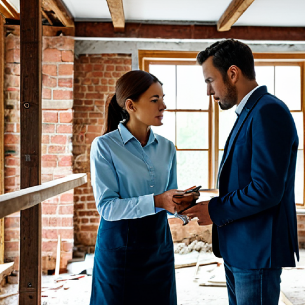 A professional female architect and a male structural engineer, both in modest professional business attire, carefully inspecting the interior of an old, traditional house under renovation. They are examining a section of an exposed brick wall and a sturdy antique wooden beam. The background shows a clean construction site with organized scaffolding and tools. The scene is brightly lit with natural light. perfect anatomy, correct proportions, natural pose, well-formed hands, proper finger count, natural body proportions, professional photography, high quality, fully clothed, appropriate attire, safe for work, professional, appropriate content.