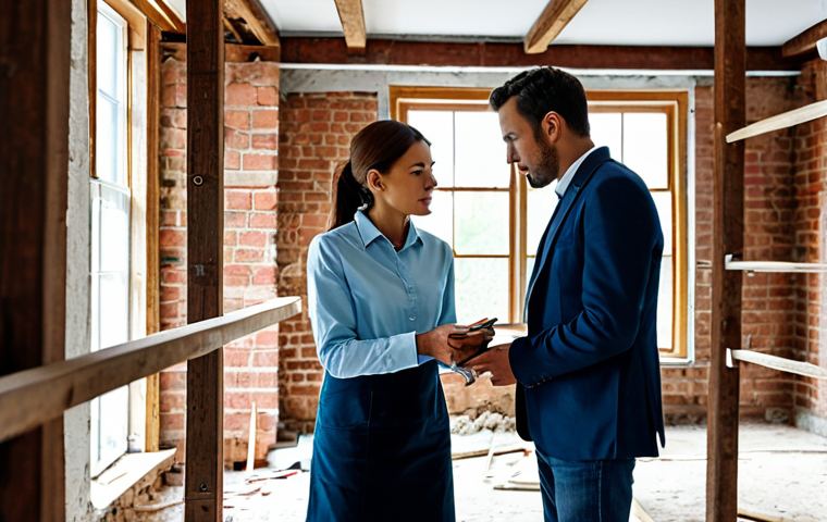 A professional female architect and a male structural engineer, both in modest professional business attire, carefully inspecting the interior of an old, traditional house under renovation. They are examining a section of an exposed brick wall and a sturdy antique wooden beam. The background shows a clean construction site with organized scaffolding and tools. The scene is brightly lit with natural light. perfect anatomy, correct proportions, natural pose, well-formed hands, proper finger count, natural body proportions, professional photography, high quality, fully clothed, appropriate attire, safe for work, professional, appropriate content.