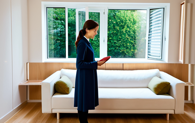 A serene young professional, fully clothed in modest, comfortable attire, stands gracefully in a beautifully designed compact living space. The room features large windows letting in abundant natural light, highlighting a cleverly designed multi-functional sofa that can convert into a bed. A foldable dining table is neatly tucked away against a wall, showcasing smart space utilization. Subtle elements of natural wood and simple, elegant decor create a harmonious and inviting atmosphere, reflecting thoughtful design for limited space. Professional photography, high resolution, soft ambient lighting, perfect anatomy, correct proportions, natural pose, well-formed hands, proper finger count, natural body proportions. safe for work, appropriate content, fully clothed, family-friendly.