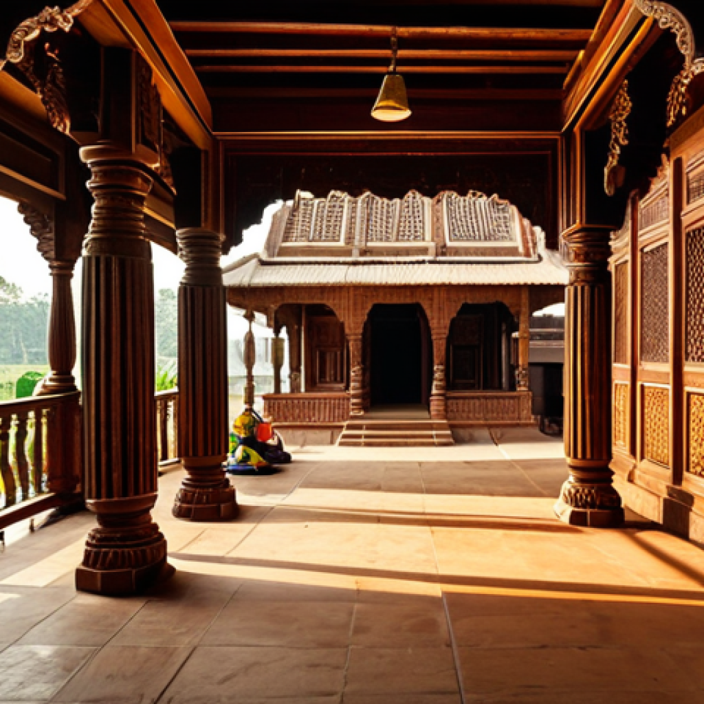 **

A traditional Bengali house interior featuring intricately carved wooden pillars and beams, fully clothed individuals in modest traditional attire, safe for work, appropriate content, perfect anatomy, correct proportions, natural pose, family-friendly setting, high-quality photography, warm lighting, detailed wood carvings, professional.

**