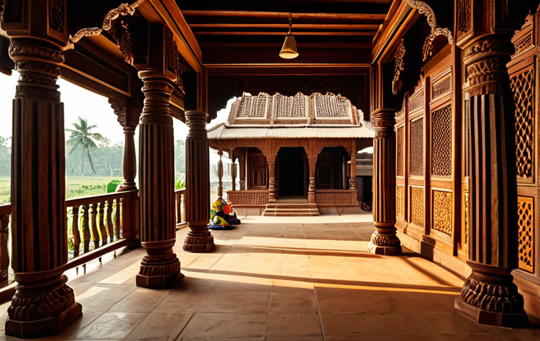 **

A traditional Bengali house interior featuring intricately carved wooden pillars and beams, fully clothed individuals in modest traditional attire, safe for work, appropriate content, perfect anatomy, correct proportions, natural pose, family-friendly setting, high-quality photography, warm lighting, detailed wood carvings, professional.

**