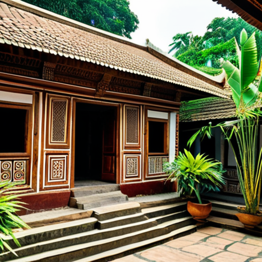 **

A traditional Bengali house showcasing intricate architectural details, including ornate wall carvings and woodwork. The house is constructed with local materials like bamboo, wood, and clay. It features a courtyard and is surrounded by lush greenery. Fully clothed figures are present, appreciating the architecture. Safe for work, appropriate content, professional architecture photography, perfect anatomy, natural proportions, modest setting.

**