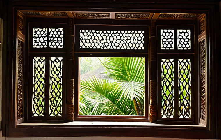 한옥의 창문과 문 - "A traditional Bengali home window, intricate wood carvings featuring floral and geometric patterns,...