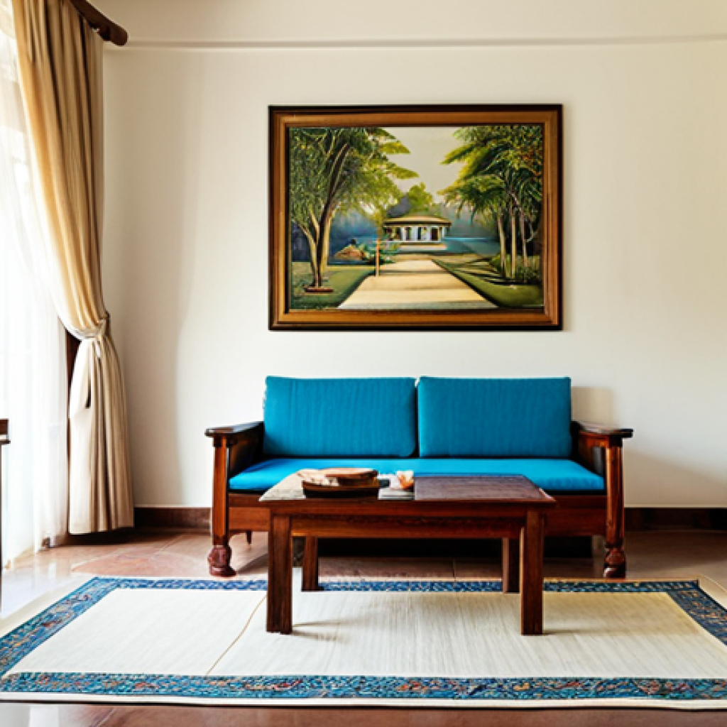 전통주택의 전통적인 가구 배치 - **A Serene Bengali Living Room bathed in natural light:** Envision a spacious, traditional Bengali l...