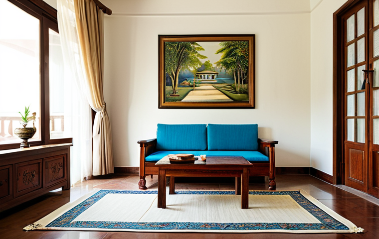 전통주택의 전통적인 가구 배치 - **A Serene Bengali Living Room bathed in natural light:** Envision a spacious, traditional Bengali l...