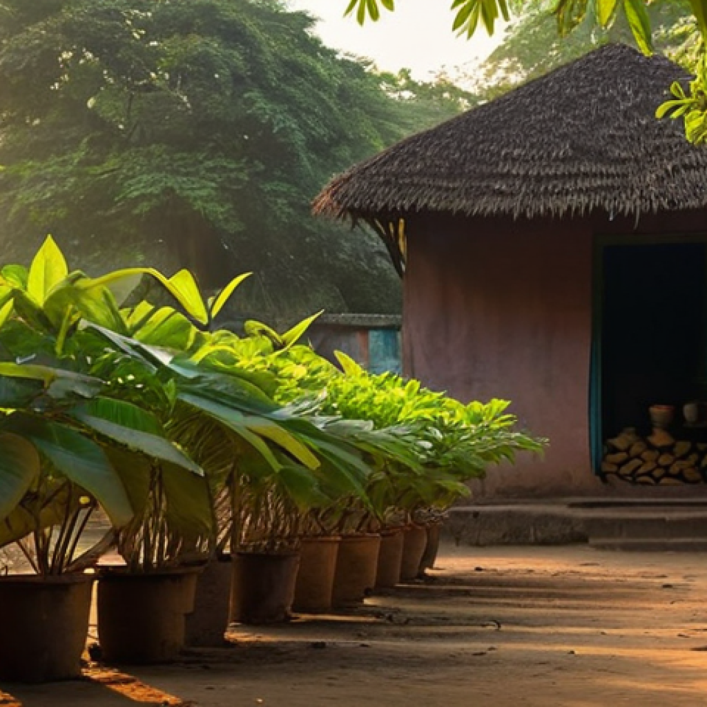 전통주택에서의 식물과 원예 - **A Serene Bengali Courtyard at Dusk:** A warm, nostalgic scene of a traditional Bengali village hom...