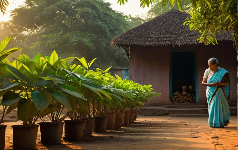 전통주택에서의 식물과 원예 - **A Serene Bengali Courtyard at Dusk:** A warm, nostalgic scene of a traditional Bengali village hom...