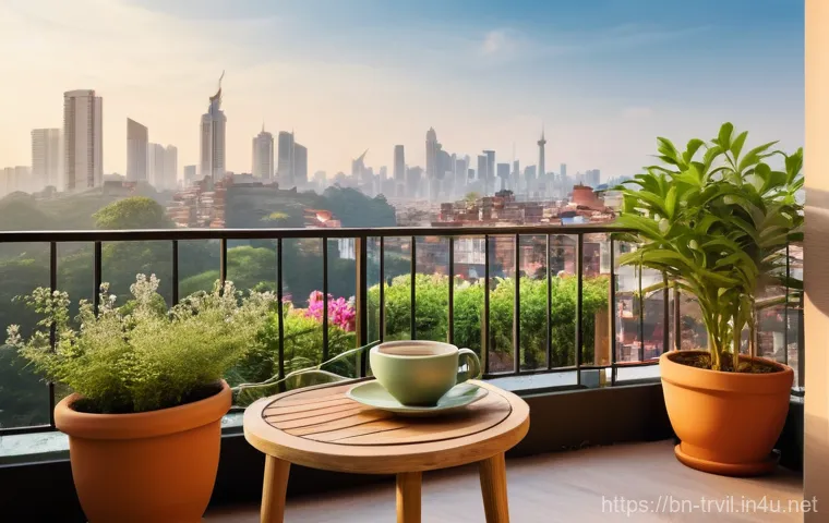 전통주택의 마루 - Balcony Morning Serenity with Tea and Greenery**

A serene and sun-drenched balcony in a modern city...