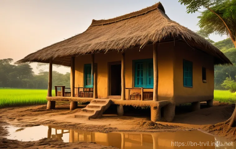 전통주택의 건축 양식 - Prompt 1: Rural Bengali Mud House Scene**