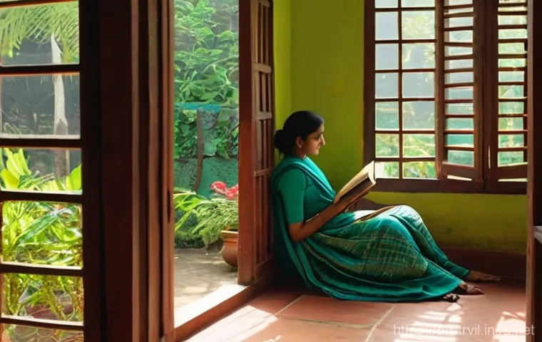 전통주택의 창호 - **Prompt:** A serene interior of a traditional Bengali village home, bathed in the soft glow of morn...