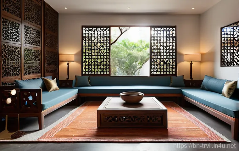 전통주택의 창호 - **Prompt:** A serene interior of a traditional Bengali village home, bathed in the soft glow of morn...