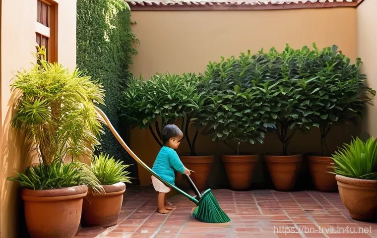 전통주택의 마당 정리 방법 - **Prompt 1: A Traditional Courtyard Morning with Modern Touches**
    "A vibrant, clean traditional ...