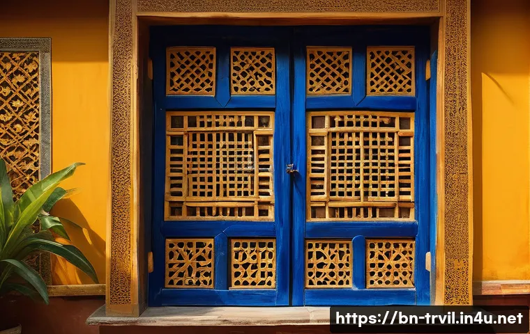 전통주택의 창문 설계 - A traditional Bengali rural house window crafted from natural wood and bamboo, featuring intricate j...