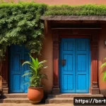 전통주택 외부 색상 - A traditional Bengali rural house exterior painted in natural earthy brown tones inspired by soil, w...