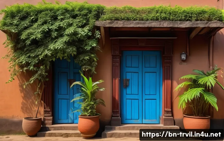 전통주택 외부 색상 - A traditional Bengali rural house exterior painted in natural earthy brown tones inspired by soil, w...