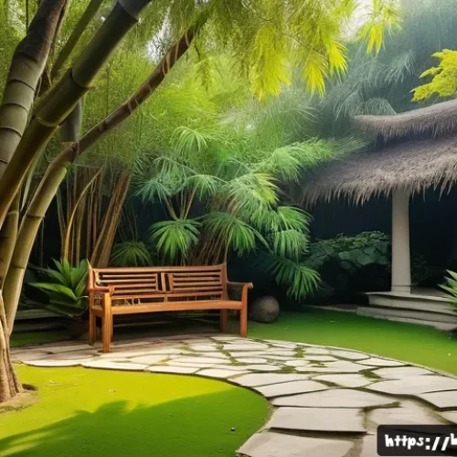 전통주택 조경 - A serene Bengali traditional home garden scene featuring natural elements like lush amla and gulmoha...