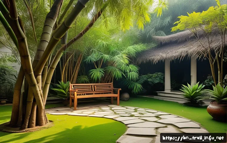 전통주택 조경 - A serene Bengali traditional home garden scene featuring natural elements like lush amla and gulmoha...