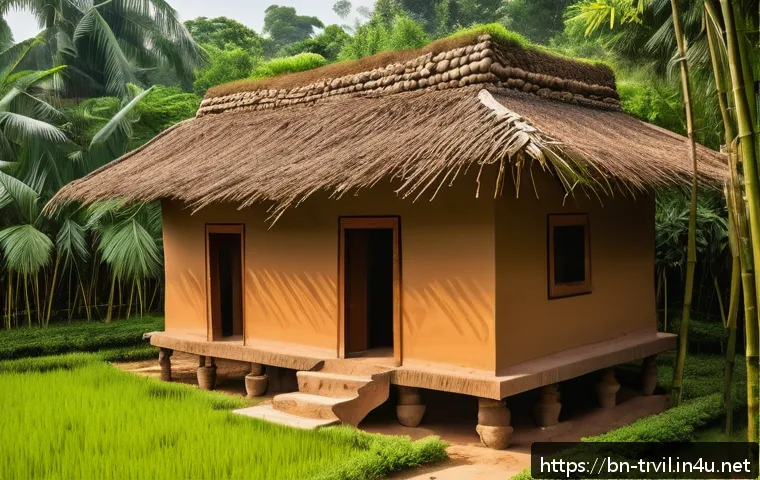 전통주택의 지붕과 홈 - A traditional Bengali rural house roof made from natural materials such as clay, bamboo, and bricks,...