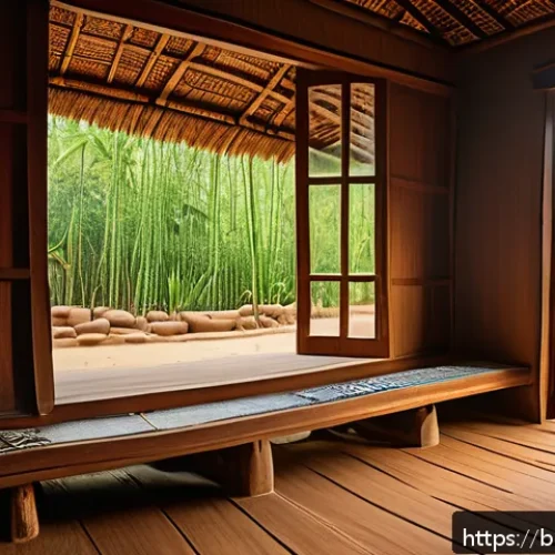 전통주택의 통풍 시스템 - A traditional ancient Bengali house featuring a tall, wave-patterned sloping roof made from natural ...