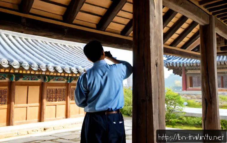 Home 17 한옥의 내구성 평가 - Photorealistic Korean hanok durability inspection, conservation engineer in practical work clothes e...