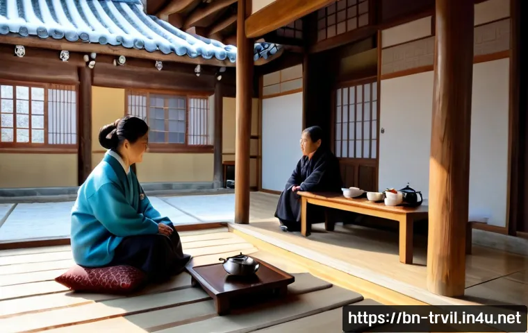 전통 주택의 온돌 - Photorealistic interior of a traditional Korean hanok home in winter, warm ondol heated floor beneat...