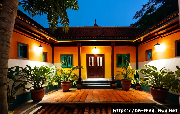 전통주택의 외부 조명 - Photorealistic evening exterior of a traditional Bengali courtyard house with terracotta roof tiles,...