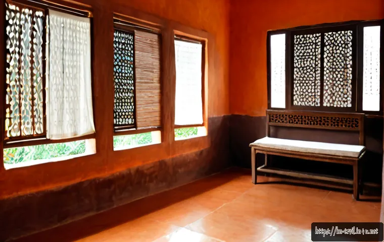 전통주택의 소음 관리 - Photorealistic interior of a traditional Bengali courtyard home, a homeowner gently fitting thick wo...